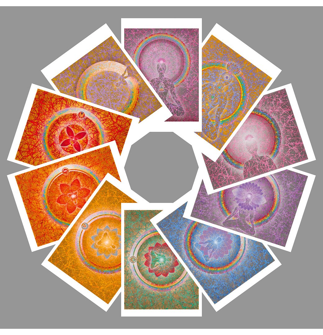 The 3 Rainbowbuddhas & the 7 Rainbowbuddha Chakras: postcard set (10 postcards)